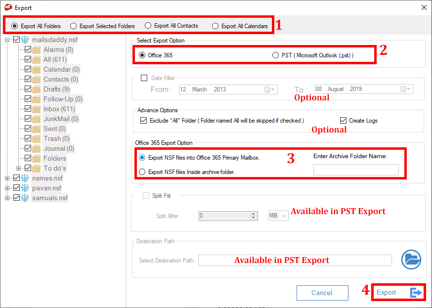 Lotus Notes to Office 365 характеристики