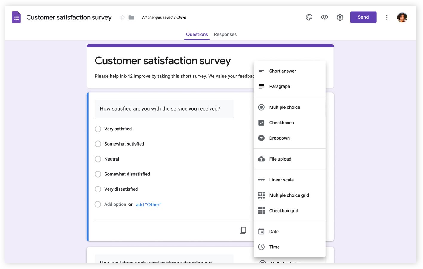 Вид опросника в Google Forms